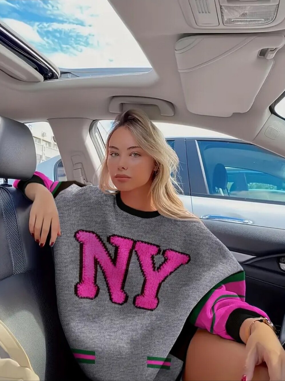 Women's Casual Fashion Sweatshirt - Digital Print "NY" Letters, Color Block